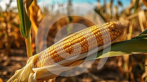 Ripe corn on the cob in the field, close-up. Agriculture concept with a copy space.