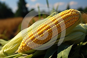 Ripe corn on the cob in the field, close-up. Agriculture concept with a copy space.