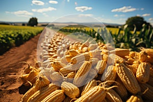 Ripe corn on the cob in the field, close-up. Agriculture concept with a copy space.