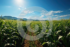 Ripe corn on the cob in the field, close-up. Agriculture concept with a copy space.