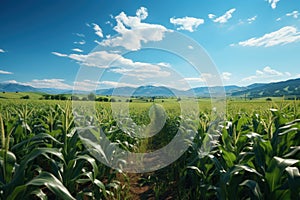 Ripe corn on the cob in the field, close-up. Agriculture concept with a copy space.