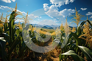 Ripe corn on the cob in the field, close-up. Agriculture concept with a copy space.