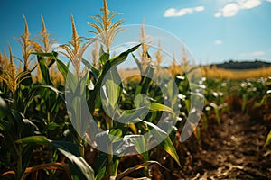 Ripe corn on the cob in the field, close-up. Agriculture concept with a copy space.