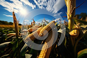 Ripe corn on the cob in the field, close-up. Agriculture concept with a copy space.