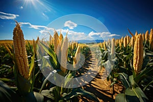 Ripe corn on the cob in the field, close-up. Agriculture concept with a copy space.