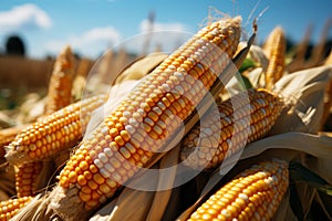 Ripe corn on the cob in the field, close-up. Agriculture concept with a copy space.