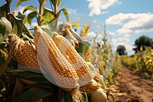 Ripe corn on the cob in the field, close-up. Agriculture concept with a copy space.