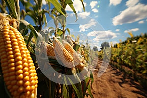 Ripe corn on the cob in the field, close-up. Agriculture concept with a copy space.