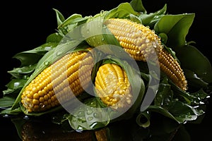 Ripe corn on the cob in the field, close-up. Agriculture concept with a copy space.