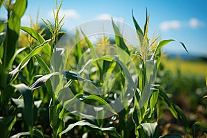 Ripe corn on the cob in the field, close-up. Agriculture concept with a copy space.