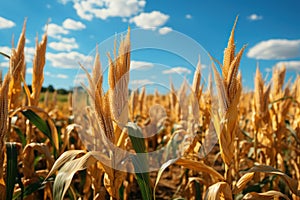Ripe corn on the cob in the field, close-up. Agriculture concept with a copy space.