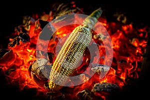 Ripe corn cob is fried on red hot coals, close-up