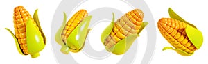 Ripe corn cob with green leaves and yellow seeds in different angles 3d render illustration set.