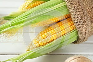 Ripe corn cobs on wooden background, closeup