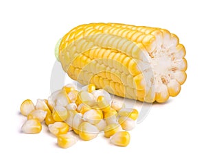 Ripe corn and corn kernels isolated on white background. Fresh vegetables ingredients.