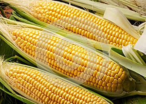 Ripe corn heads with corn whiskers and leaves