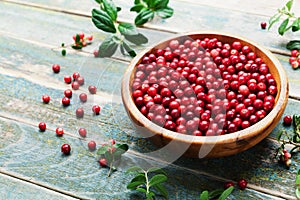 Ripe cowberry lingonberry, partridgeberry, foxberry in wooden bowl on rustic vintage background.