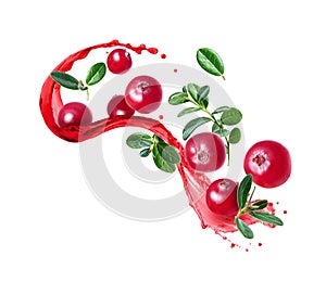 Ripe cranberries with leaves in splashes of juice isolated on white background