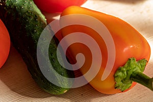 Ripe cucumber, juicy tomatoes and sweet peppers on a light wooden table in the sun. Close up