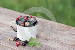 Ripe delicious mixed berries with leaf on wooden table on blurred natural green background.