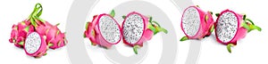 Ripe Dragon fruit, Pitaya or Pitahaya isolated on white background, fruit healthy concept. Set or collection