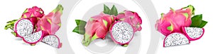 Ripe Dragon fruit, Pitaya or Pitahaya isolated on white background, fruit healthy concept. Set or collection