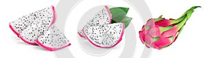 Ripe Dragon fruit, Pitaya or Pitahaya isolated on white background, fruit healthy concept. Set or collection