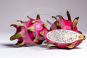 Ripe dragon fruit, pitaya or pitahaya on white background, fruit healthy concept. AI generated