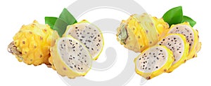 Ripe Dragon fruit, Pitaya or Pitahaya yellow isolated on white background, fruit healthy concept