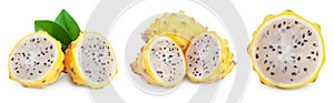 Ripe Dragon fruit, Pitaya or Pitahaya yellow isolated on white background, fruit healthy concept. Set or collection