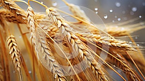 ripe ears of wheat soaked in the rain, untimely harvest, beautiful texture of ripening ears of grain crops