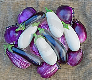 Ripe eggplants on a sacking background