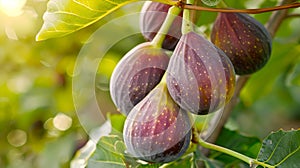 Ripe figs hanging on a tree in sunlight, showcasing organic farming. Fresh fruit ready for harvest in a natural setting