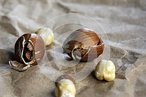Ripe filbert kernels and hazelnuts in a shell on the background of crumpled craft paper. Healthy nutrition. Close-up. Copy space.