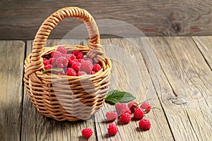 Ripe forest raspberries in a small basket on a wooden table, copy space