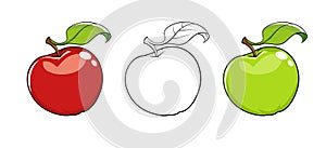 Ripe fresh apple with leaf. Set of vector illustration. White background. Red apple. Green fruits. Healthy food