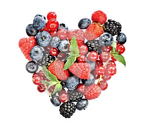 Ripe fresh berries in heart shape isolated on white
