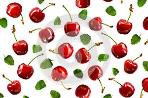 Ripe fresh cherries on white background. Top view. Berry background. Summer berries texture. Copy Space