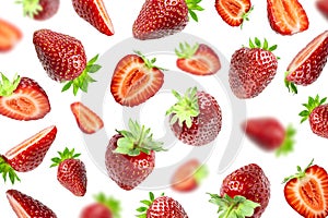 Ripe fresh flying red strawberry isolated on white background. Strawberry pattern. Summer delicious sweet berry organic fruit,