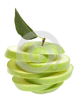 Ripe fresh green apple cut with leaf