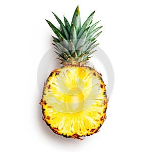 A ripe fresh juicy pineapple cut in half isolated on white background