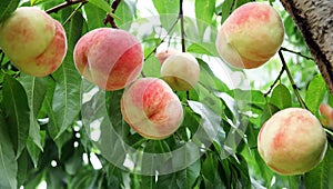 Ripe fresh peaches on the peach tree are full of branches.