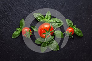 ripe fresh red tomatoes with basil leaves on a black slate board. Flat lay