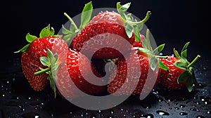 Ripe fresh strawberries in the rain. Dark background. AI