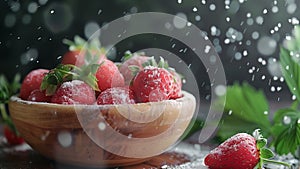 Ripe fresh strawberries with sugar powder on Dark background