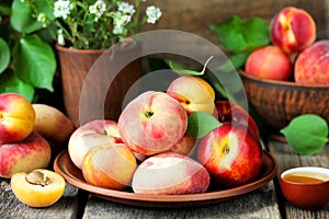 Ripe fruit peaches and apricots beautiful summer still life