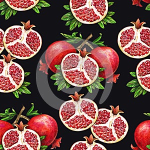 Ripe fruit of red pomegranate on a branch is isolated on a black background. Watercolor illustration of pomegranate