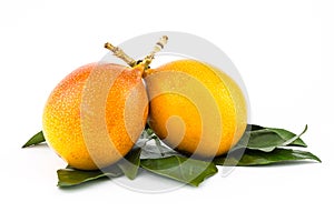 Ripe fruit yellow passion fruit grenadilla two juicy fruits on a background of green leaves