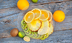 Ripe fruits on a wooden table