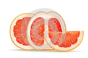 Ripe grapefruit cut in half on a white background, showing its juicy pink and yellow flesh